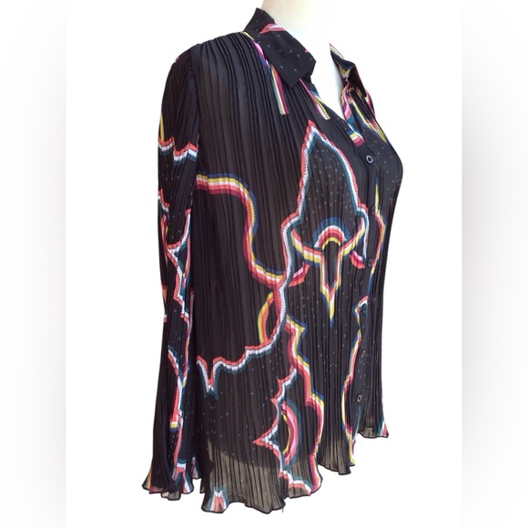 Catherine Malandrino Retro Black Crinkle Button-Down Long Sleeve Blouse … - Picture 8 of 14